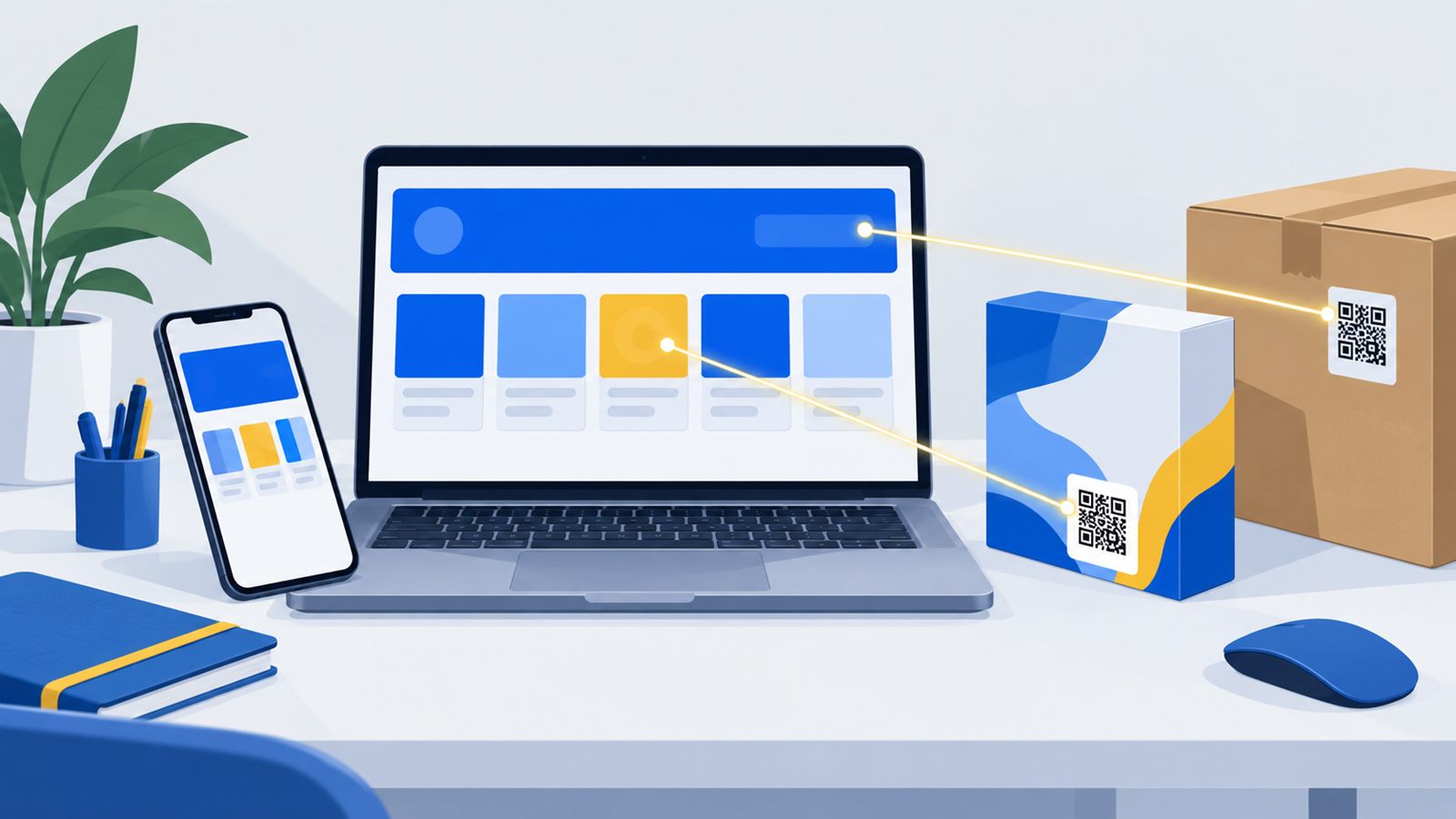 Màn hình máy tính và điện thoại hiển thị website eQR mới cạnh hộp sản phẩm dán tem QR