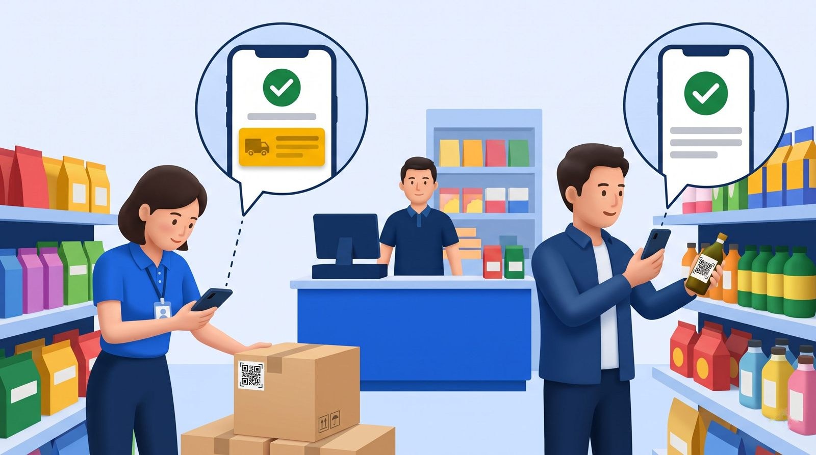 Kiểm tra viên quét tem tại điểm bán để đối chiếu nhà phân phối, người mua chỉ thấy xác thực chính hãng
