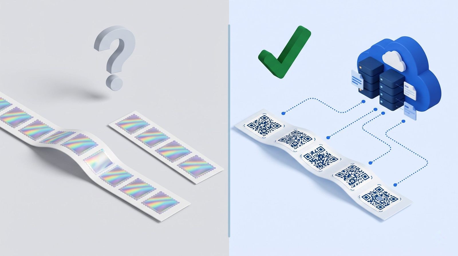 So sánh tem vỡ hologram giống nhau với tem QR mỗi tem một mã có bản ghi riêng