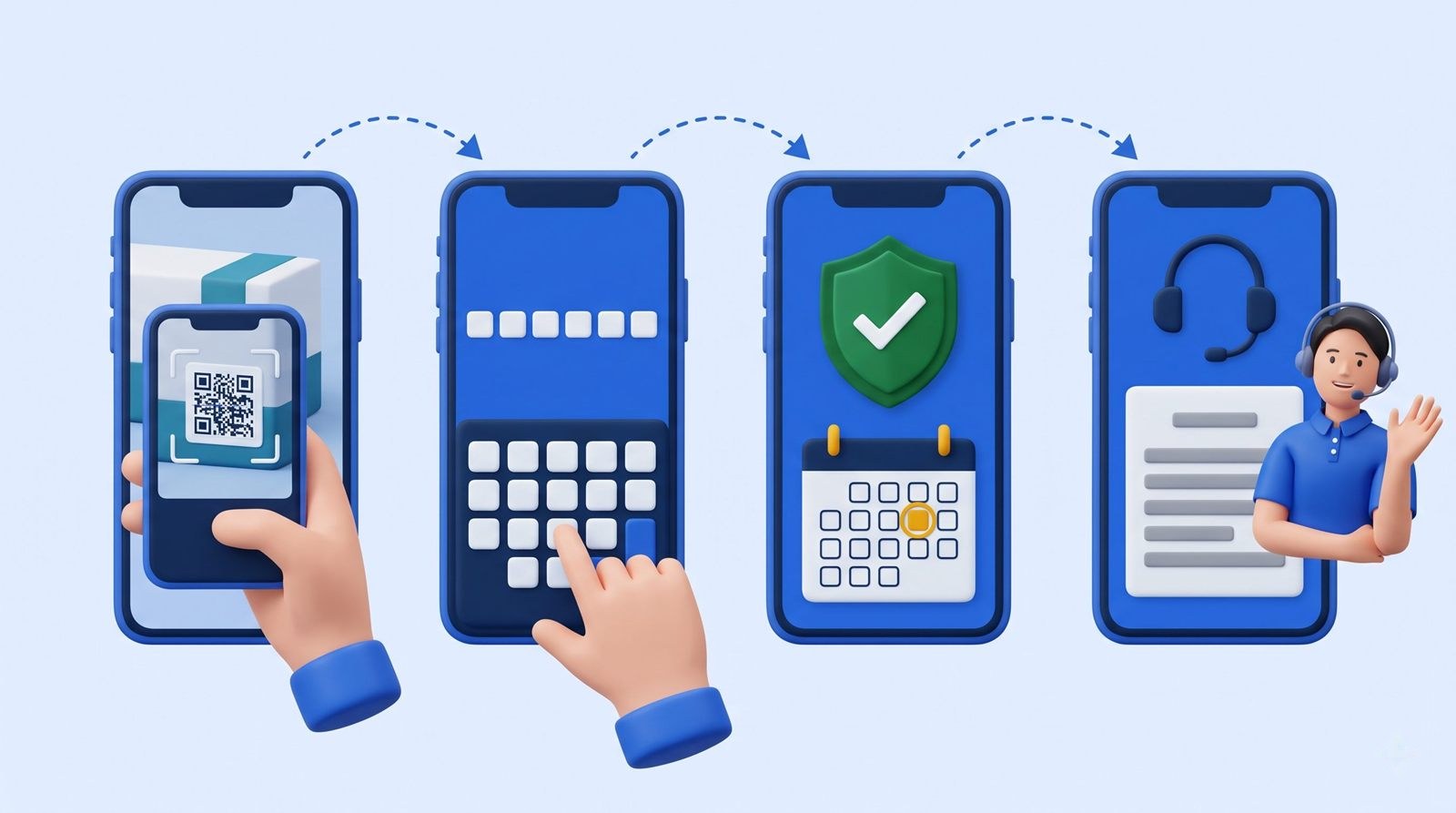 Bốn bước bảo hành điện tử: quét tem, nhập mã PIN, kích hoạt hạn bảo hành, gửi yêu cầu bảo hành