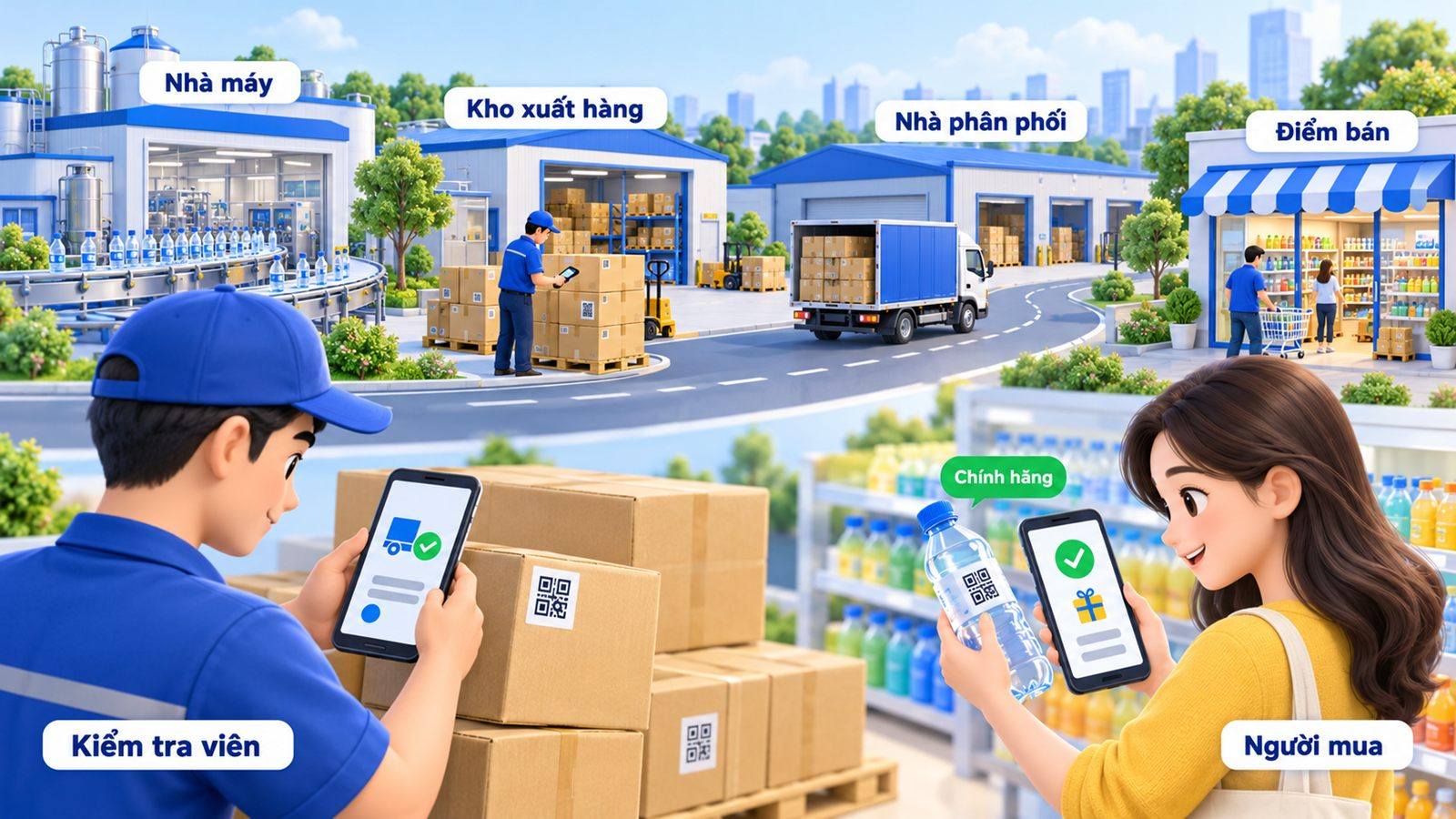 Tem QR ngành đồ uống: kho gán nhà phân phối, kiểm tra viên đối chiếu, người mua xác thực