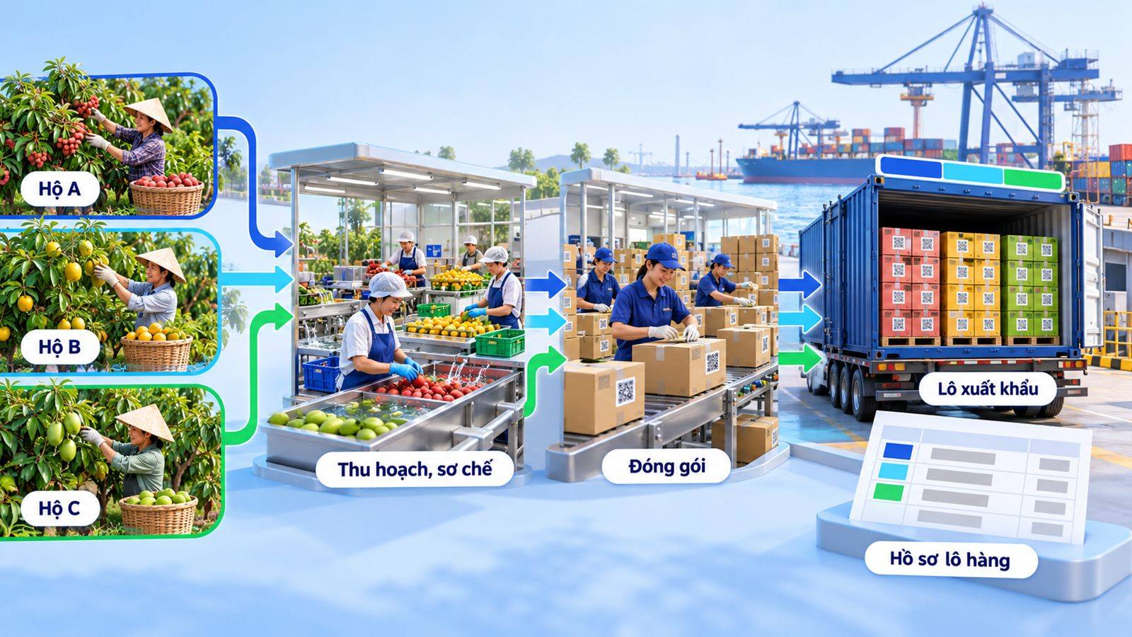 Tem truy xuất nông sản xuất khẩu: dữ liệu thu hoạch, sơ chế, đóng gói tách theo hộ, vùng trồng